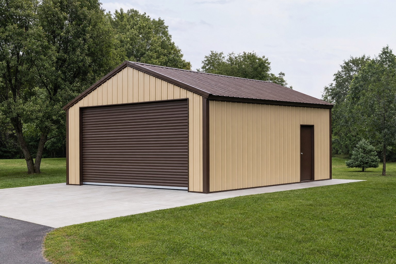 Tan and brown metal garage building on green lawn