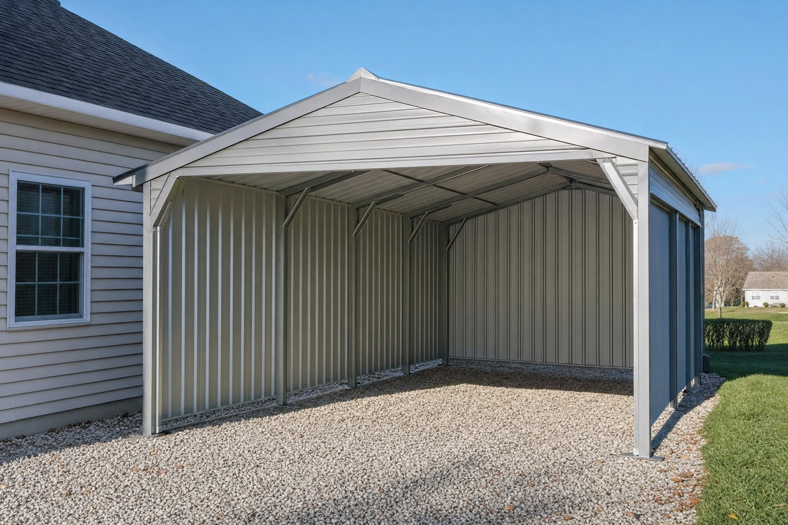 Metal carport with gabled roof next to residential home