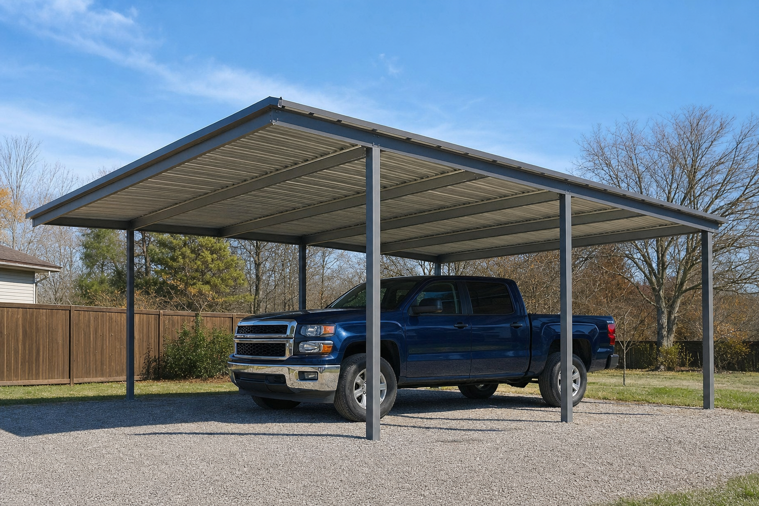 Blue pickup truck parked under a metal carport