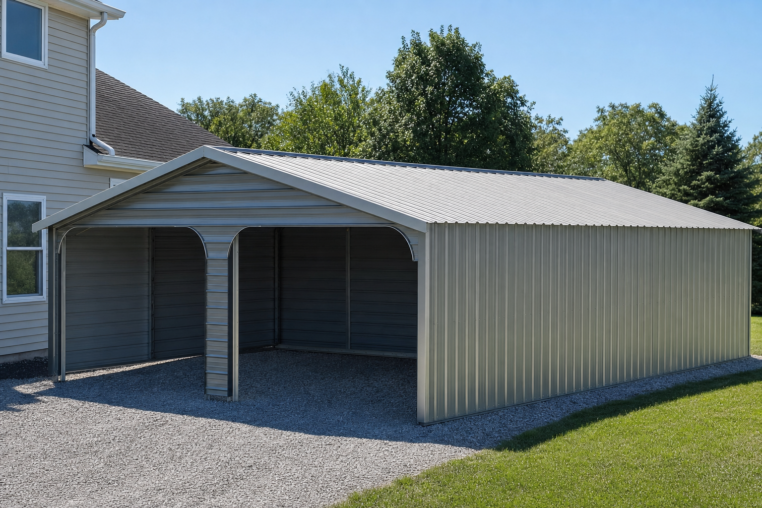 Metal carport with open front beside residential home