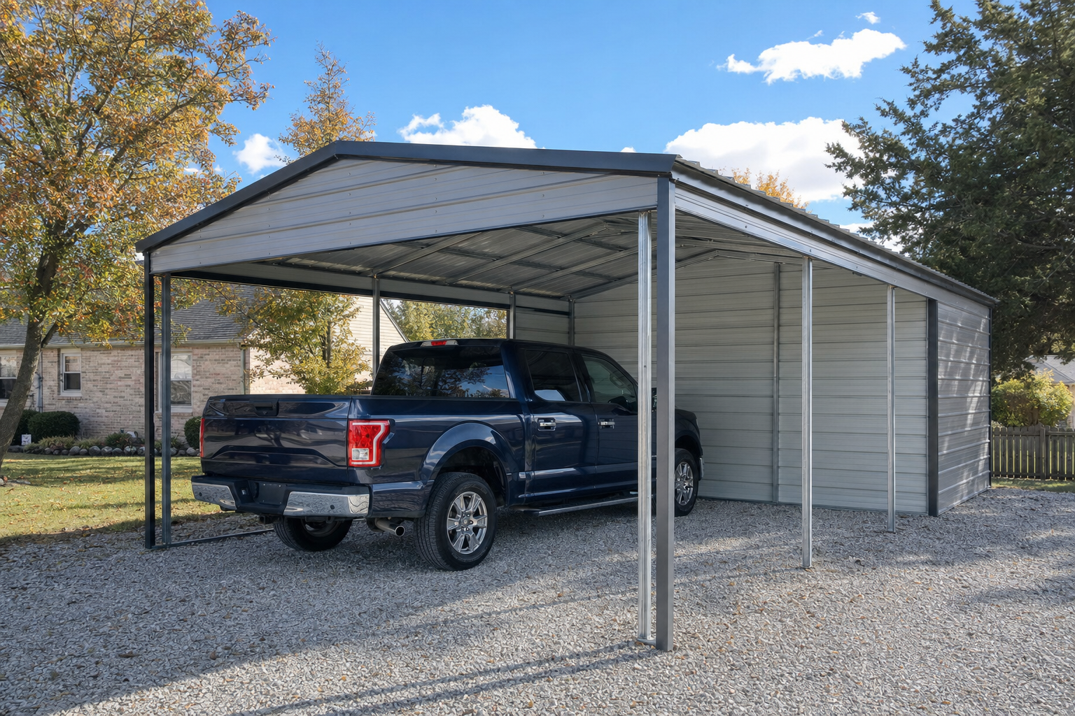 Blue pickup truck parked under a metal carport