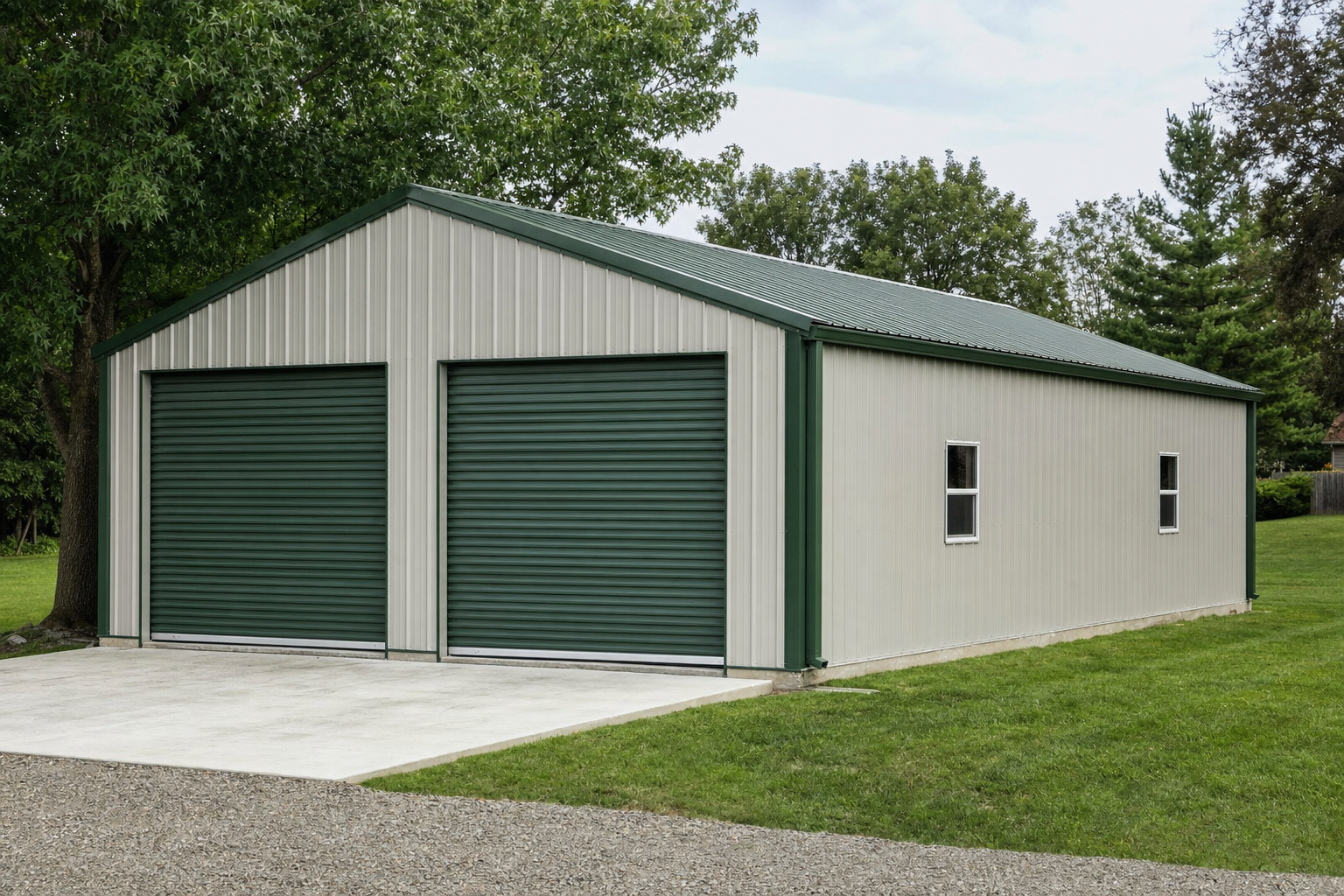 Large metal pole barn garage with two green roll-up doors