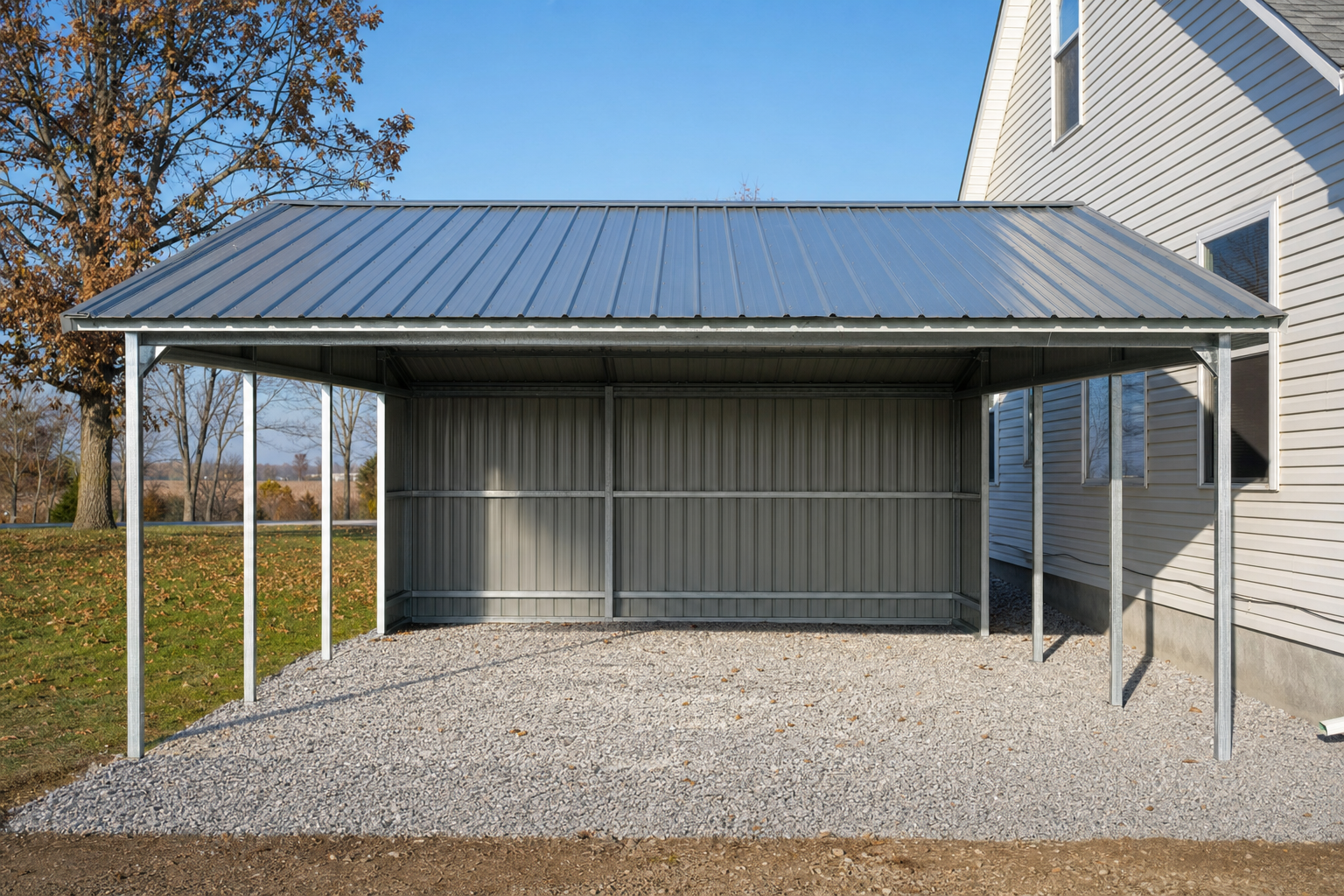 Open metal carport with gray roof beside a house