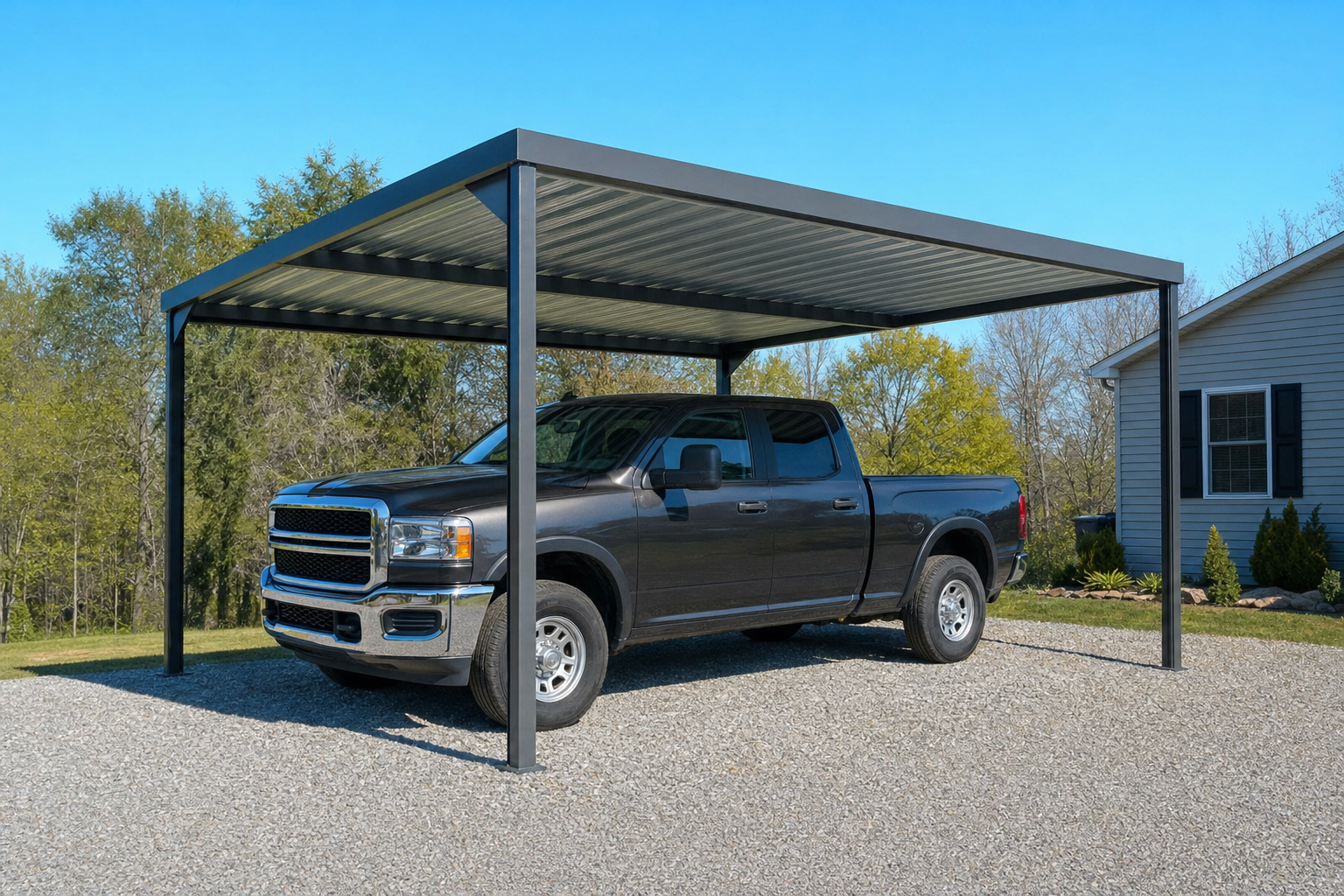 Black pickup truck parked under modern metal carport