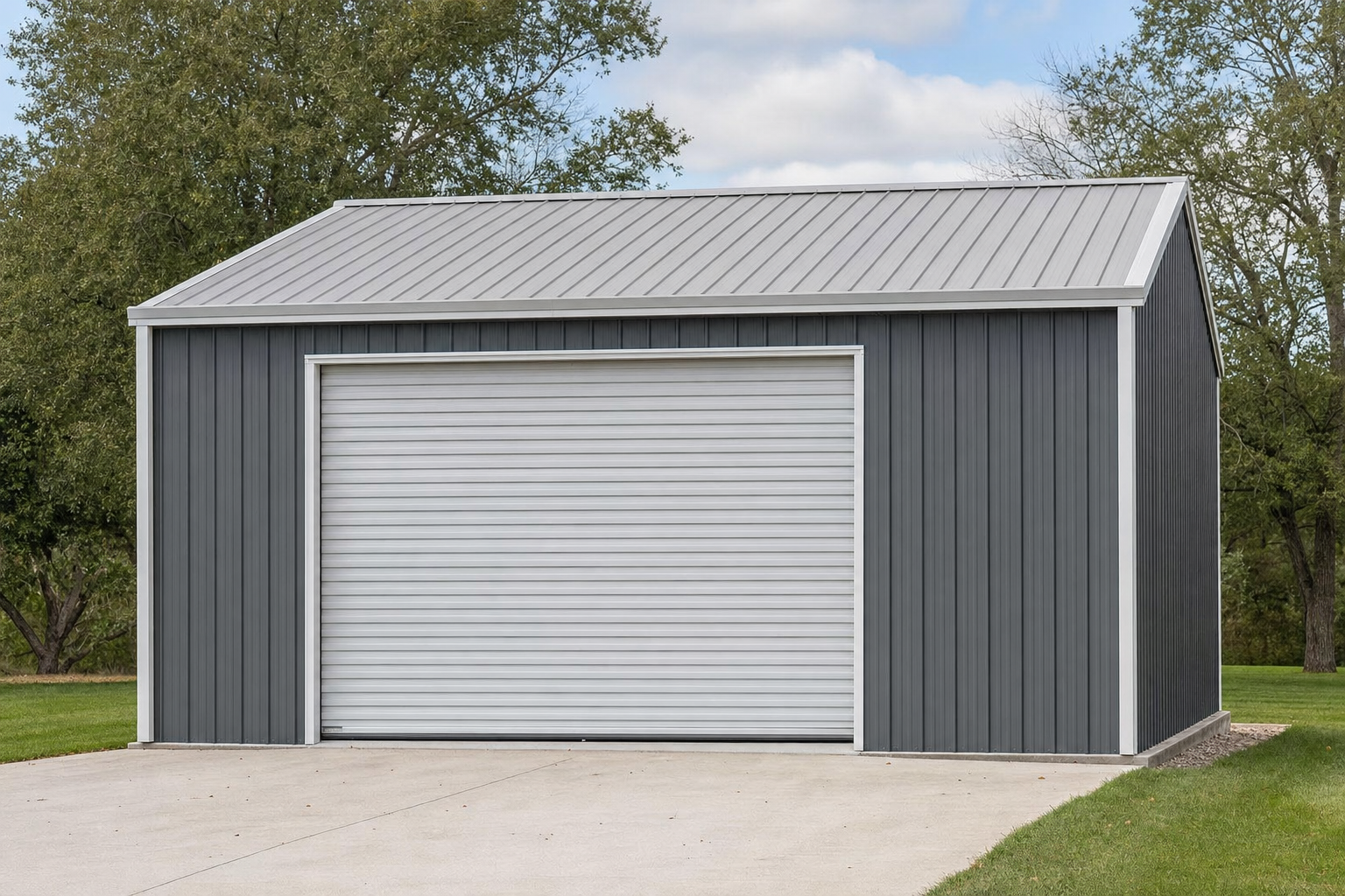 Dark gray metal garage with white roll-up door outdoors