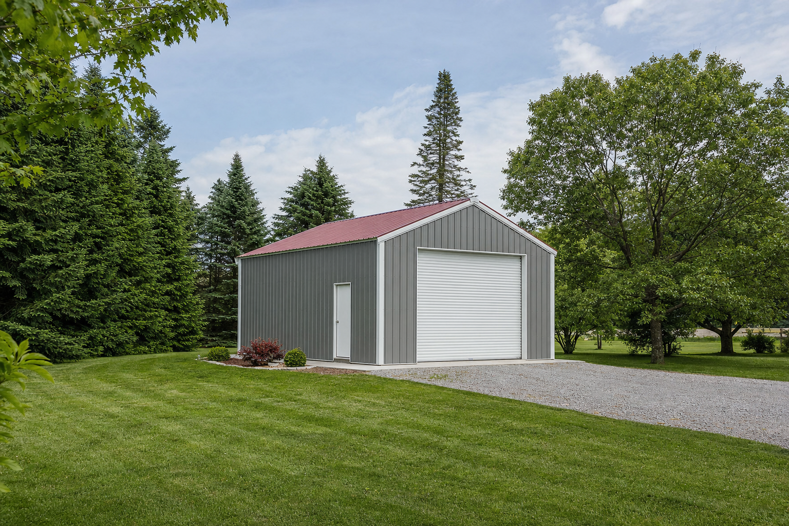Gray metal pole barn with red roof on green property