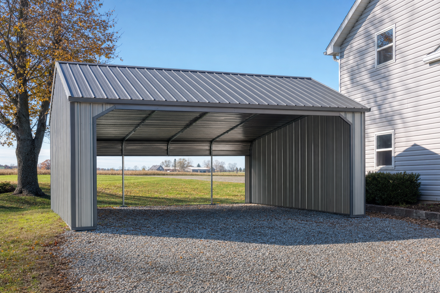Gray metal carport with gabled roof on gravel driveway