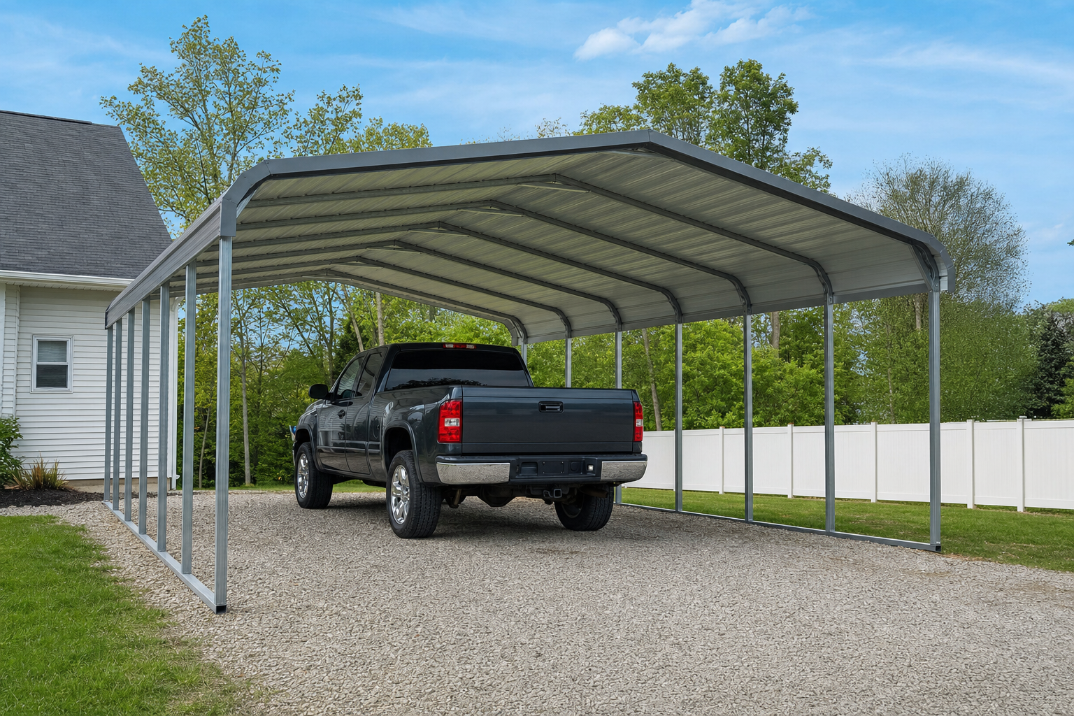 Gray pickup truck parked under metal carport on gravel driveway