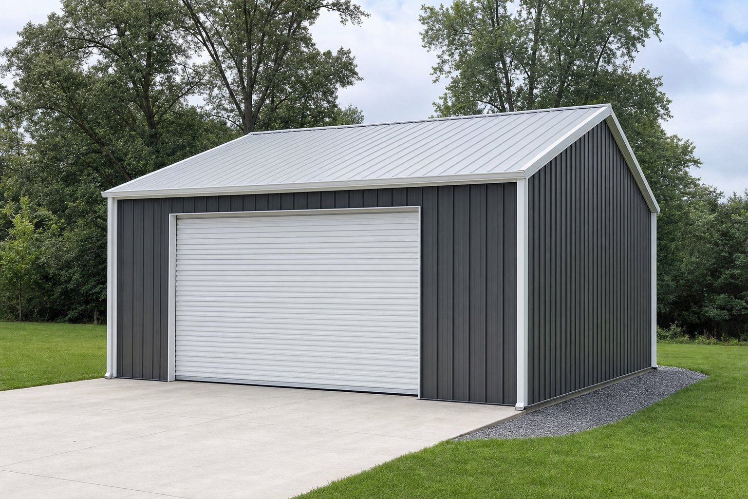Modern dark gray metal garage with white roll-up door