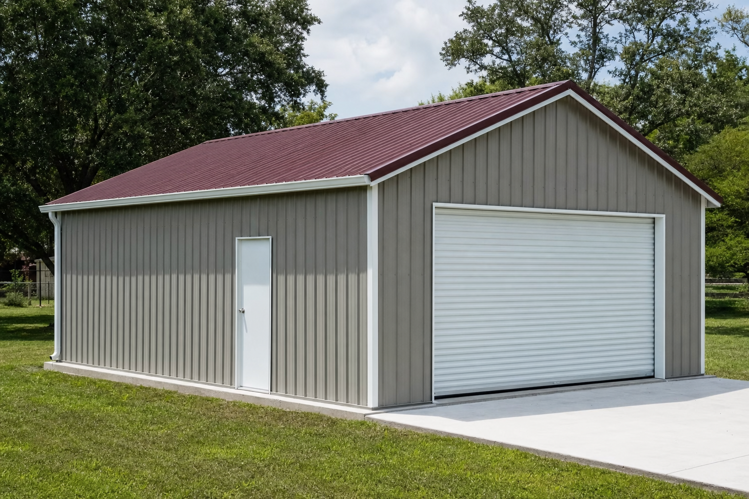 Large metal garage building with red roof and white door