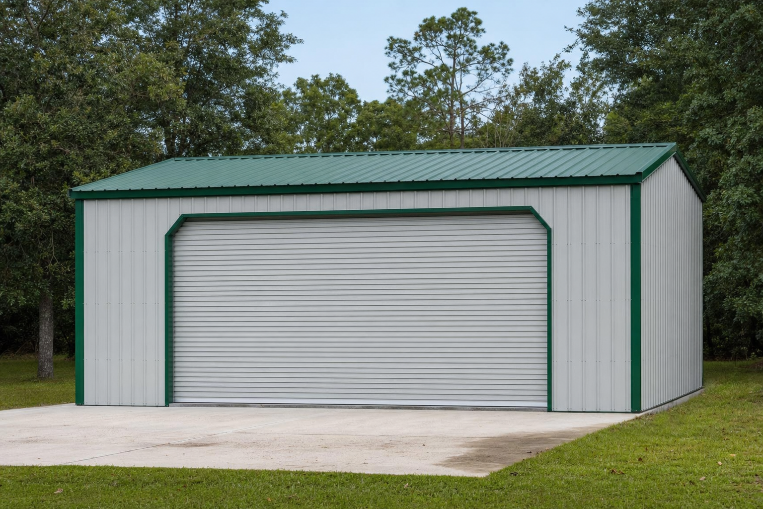 Metal garage building with green roof and roll-up door