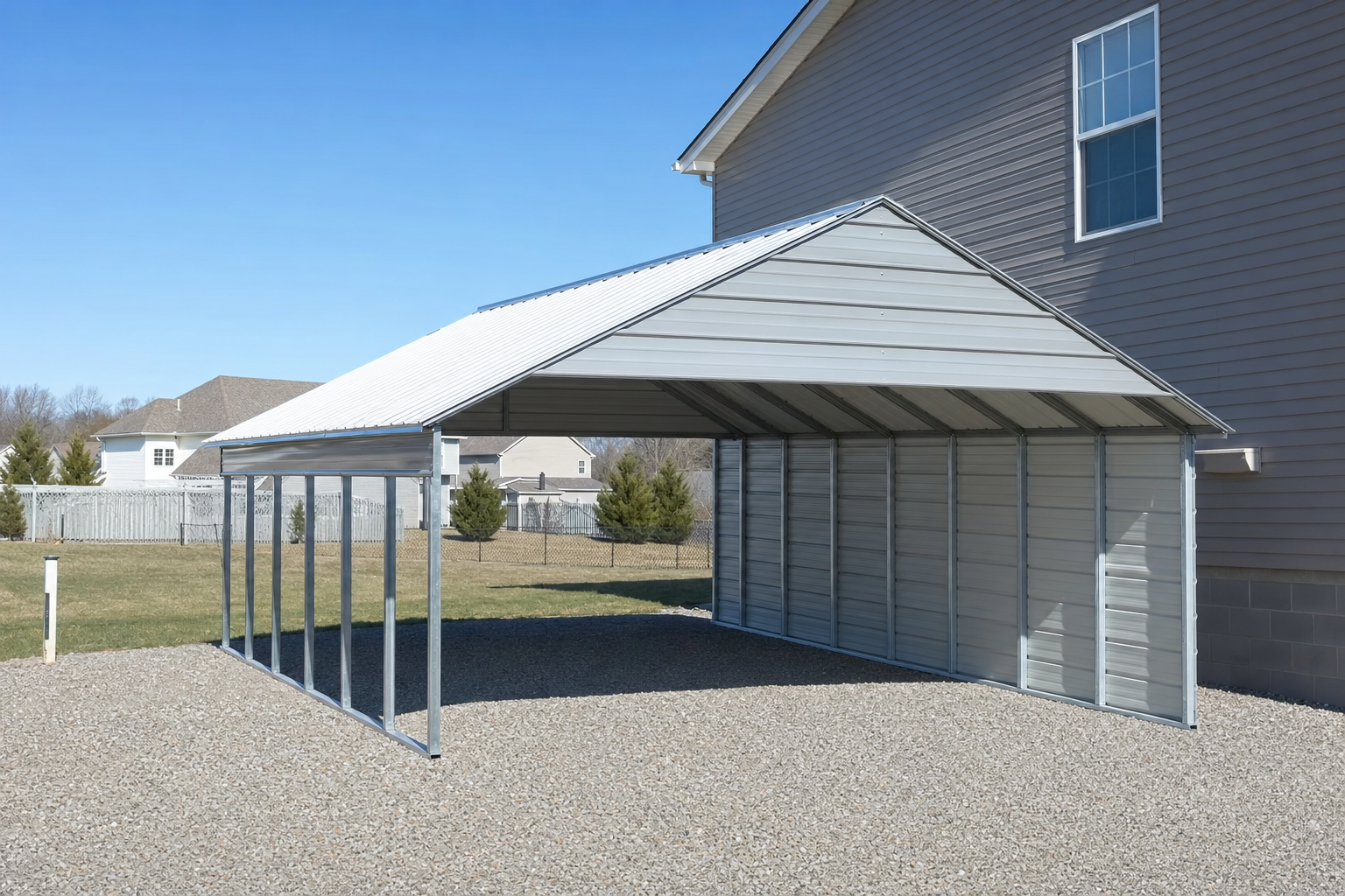 Metal carport with gabled roof next to residential home