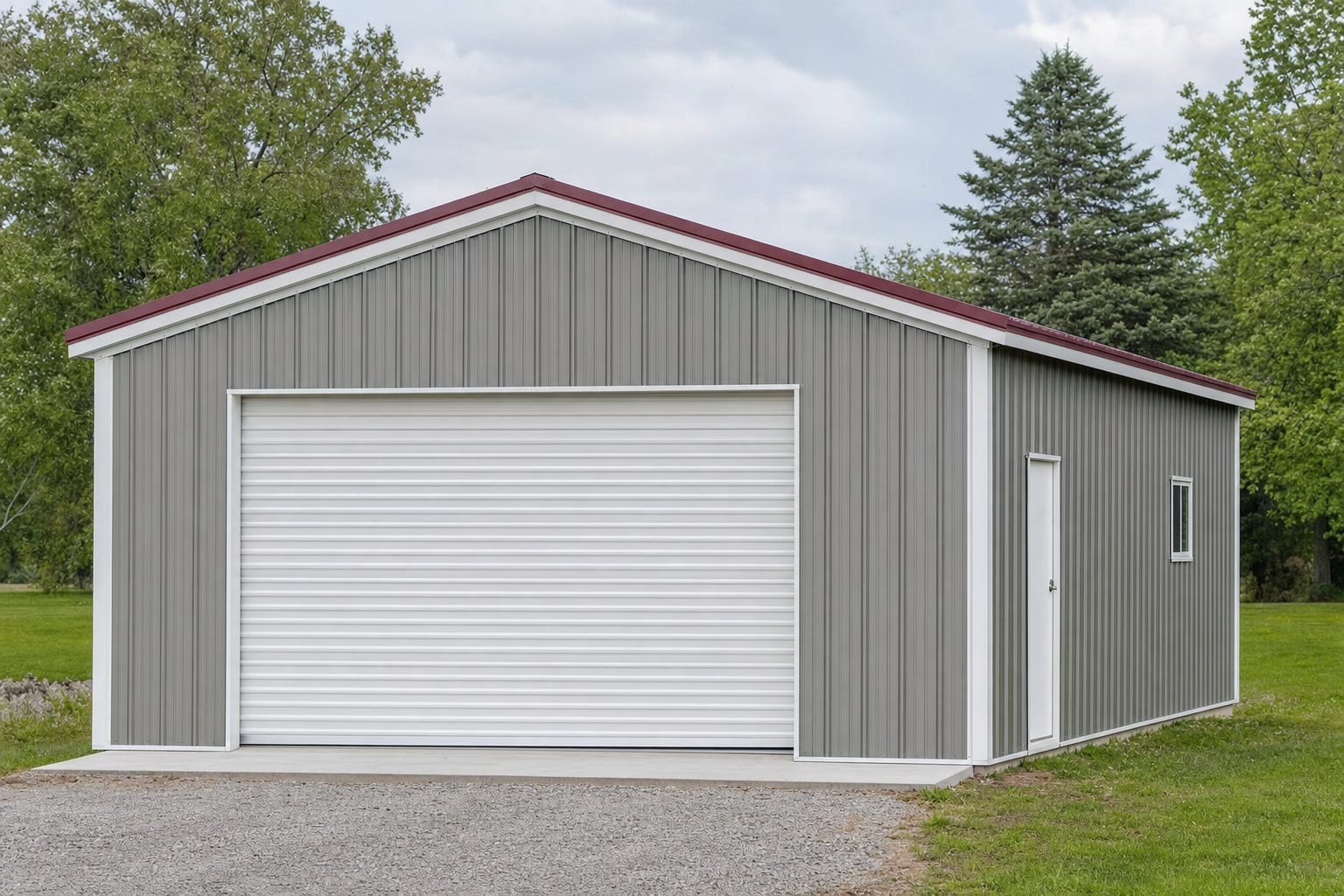 Gray metal pole barn with red roof and white garage door