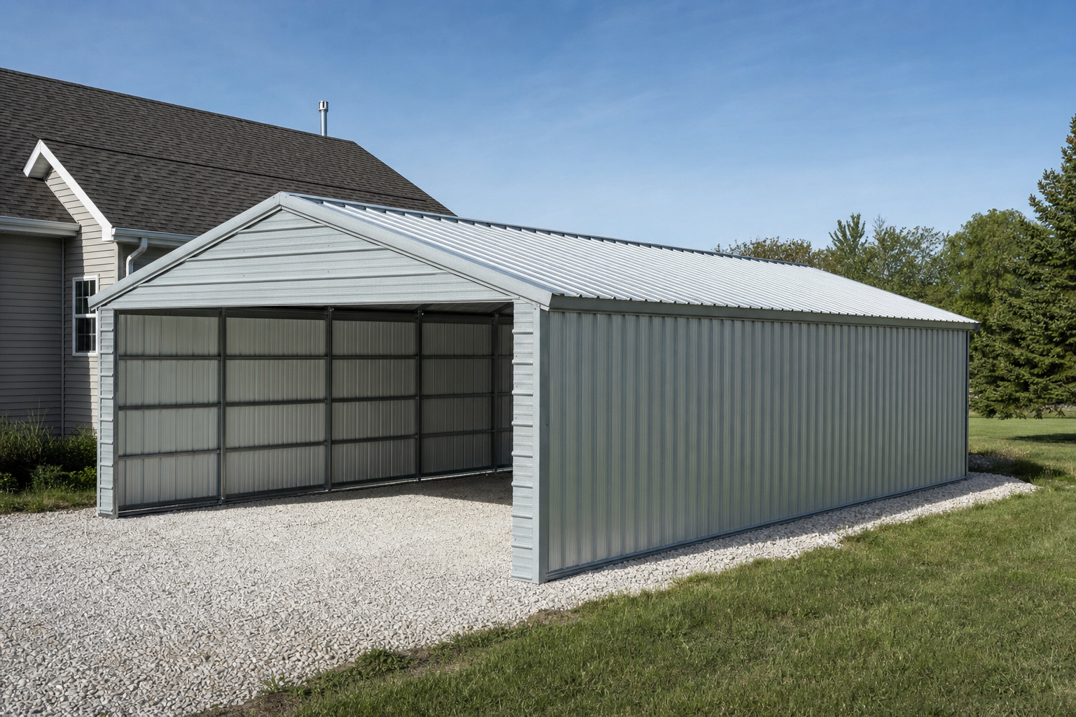 Large metal garage shed with open front on gravel driveway