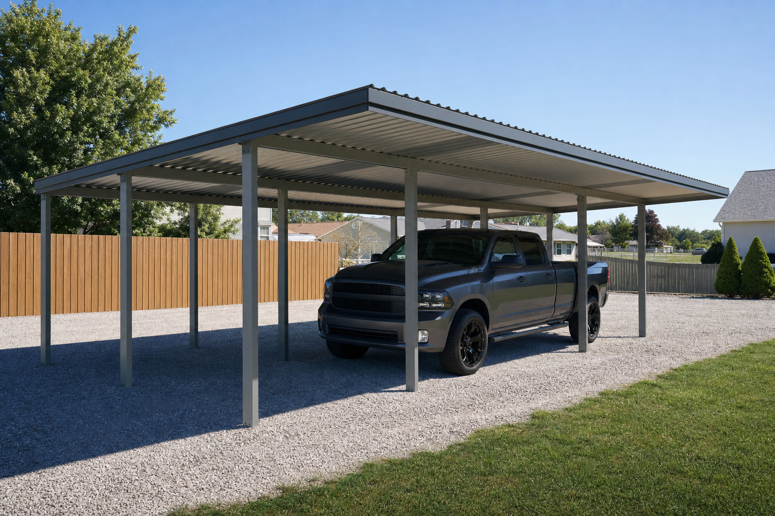Gray pickup truck parked under metal carport on gravel
