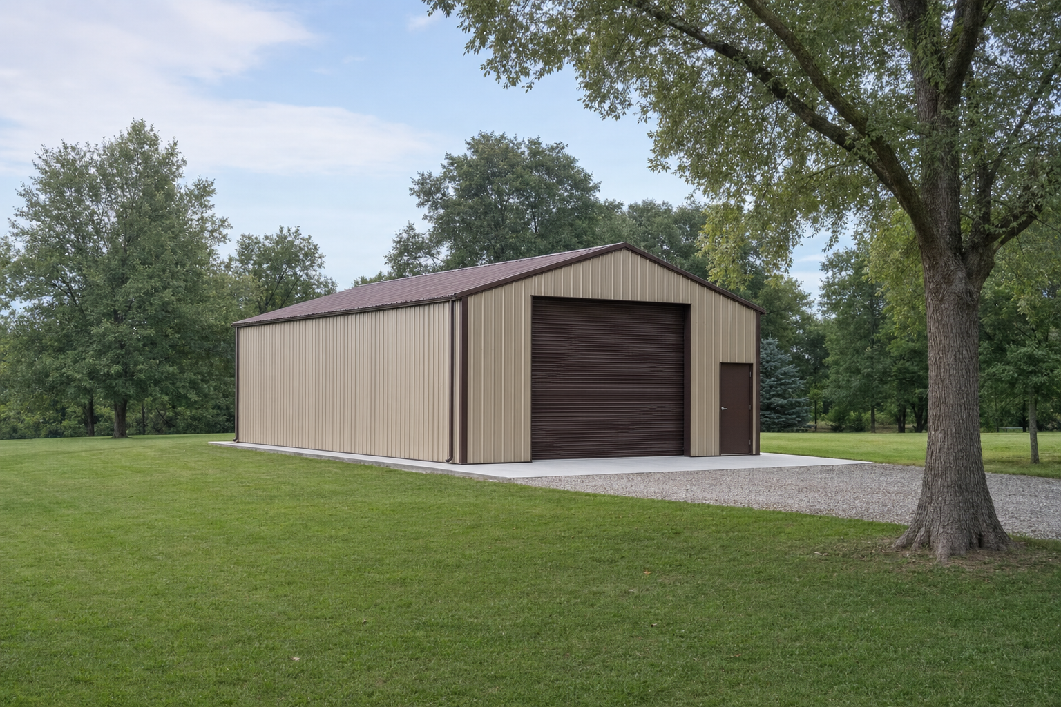 Large tan metal garage building with brown roll-up door