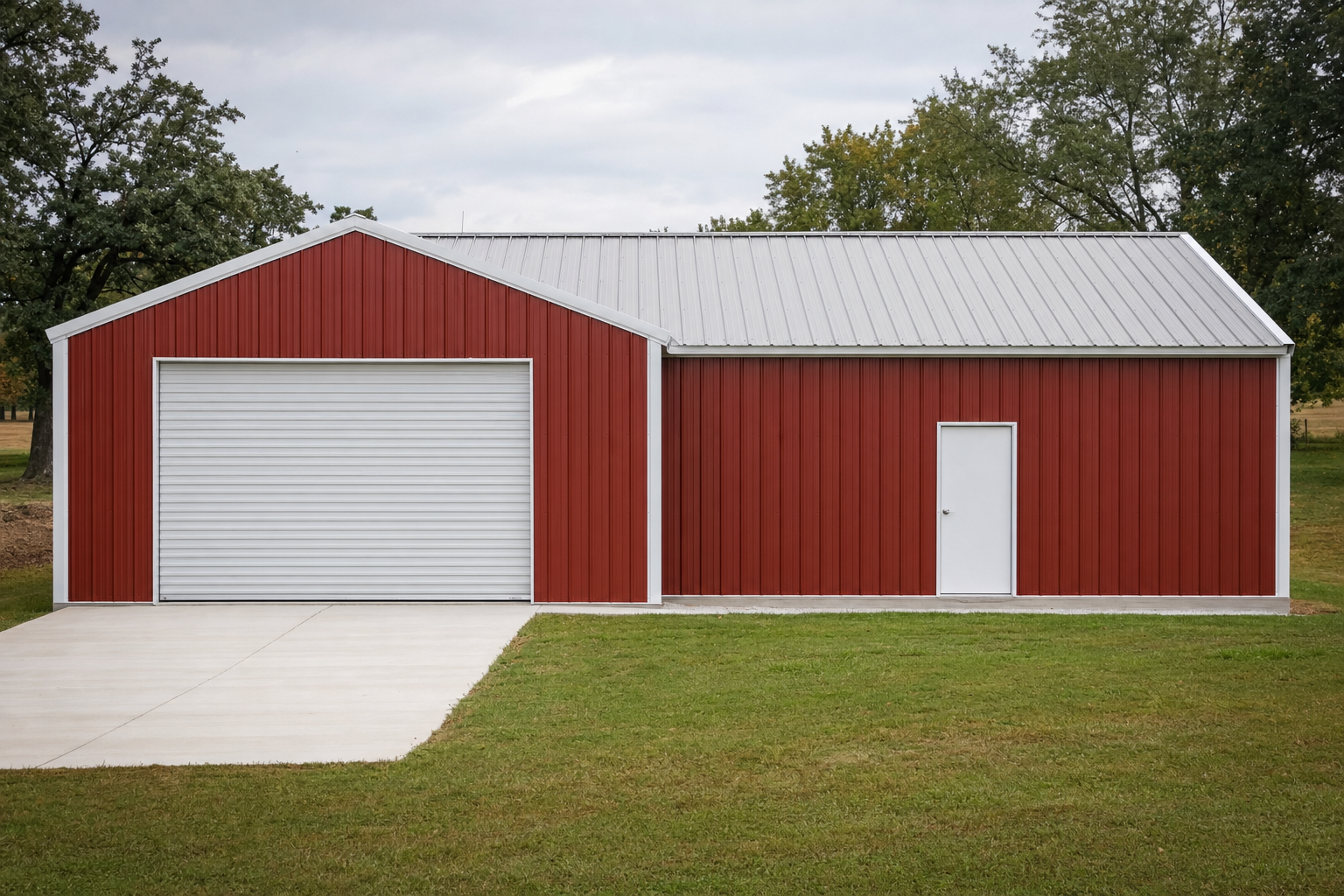Red metal pole barn with white garage door on green lawn