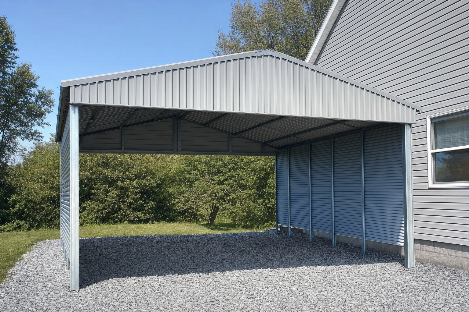 Gray metal carport attached to house on gravel driveway