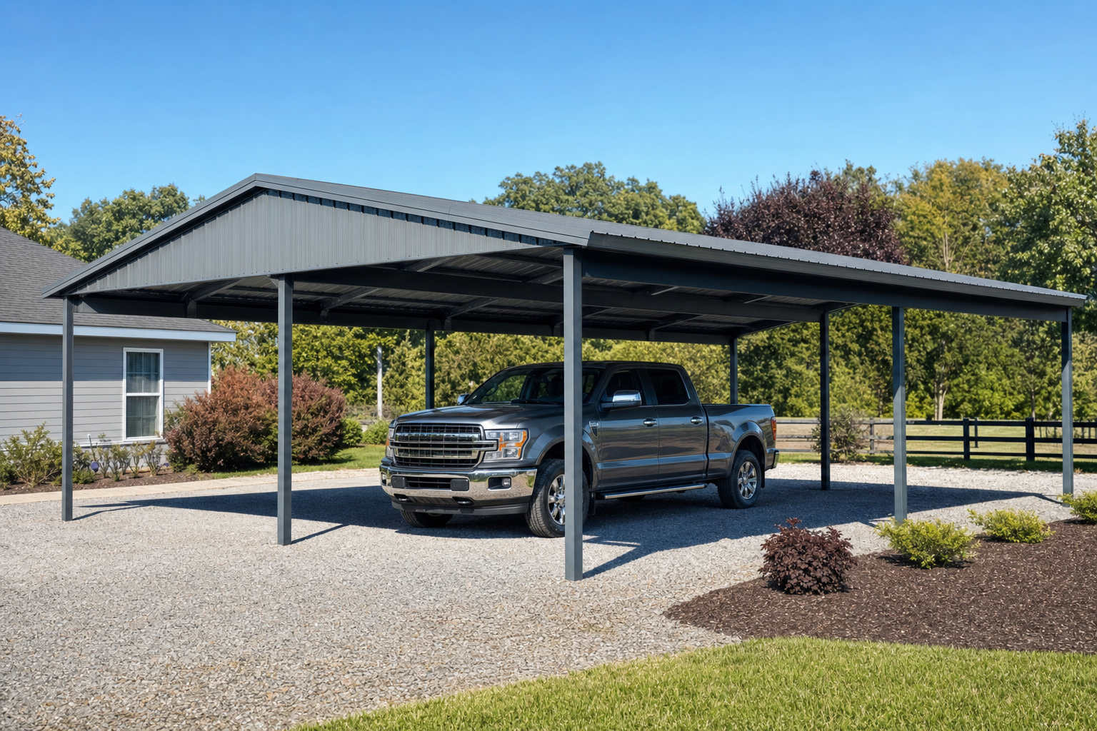 Gray pickup truck parked under large metal carport