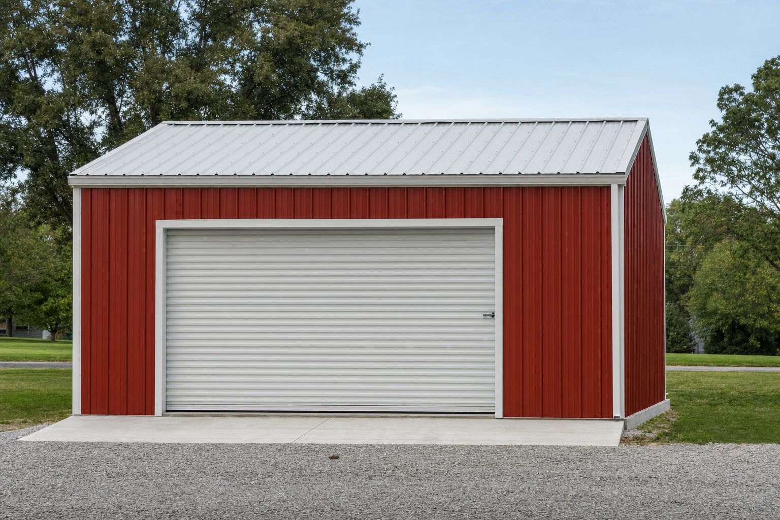 Red metal garage building with white roll-up door