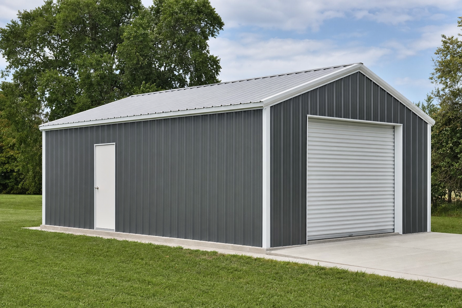 Large gray metal storage building with roll-up garage door