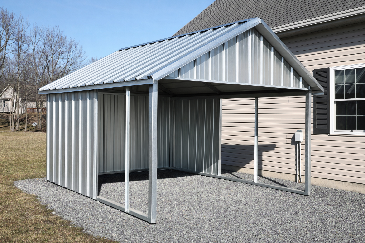 Metal carport shelter attached to residential home exterior