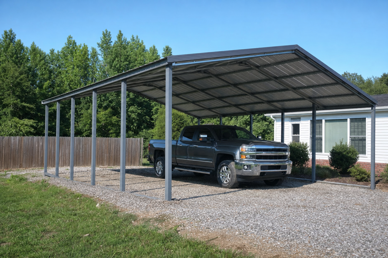 Gray metal carport sheltering a Chevrolet pickup truck