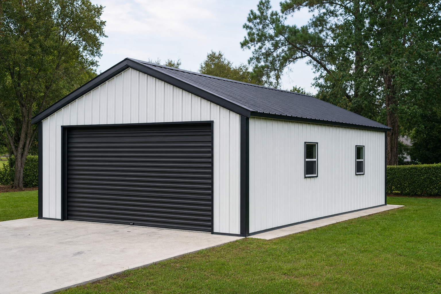 Modern metal garage with dark roof and roll-up door