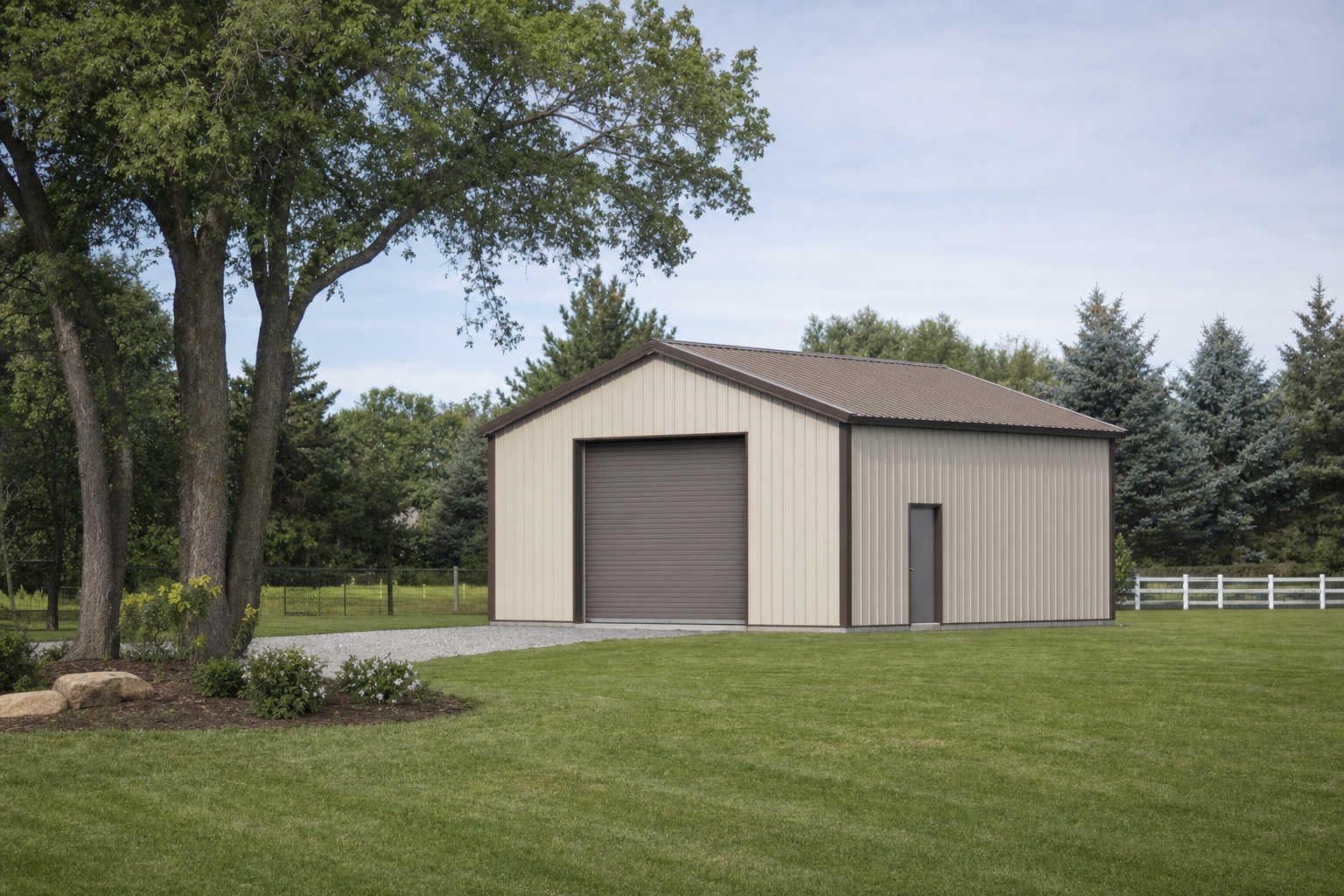 Metal pole barn garage on green rural property