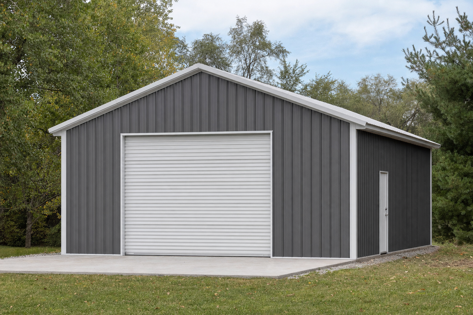 Large gray metal garage building with white roll-up door