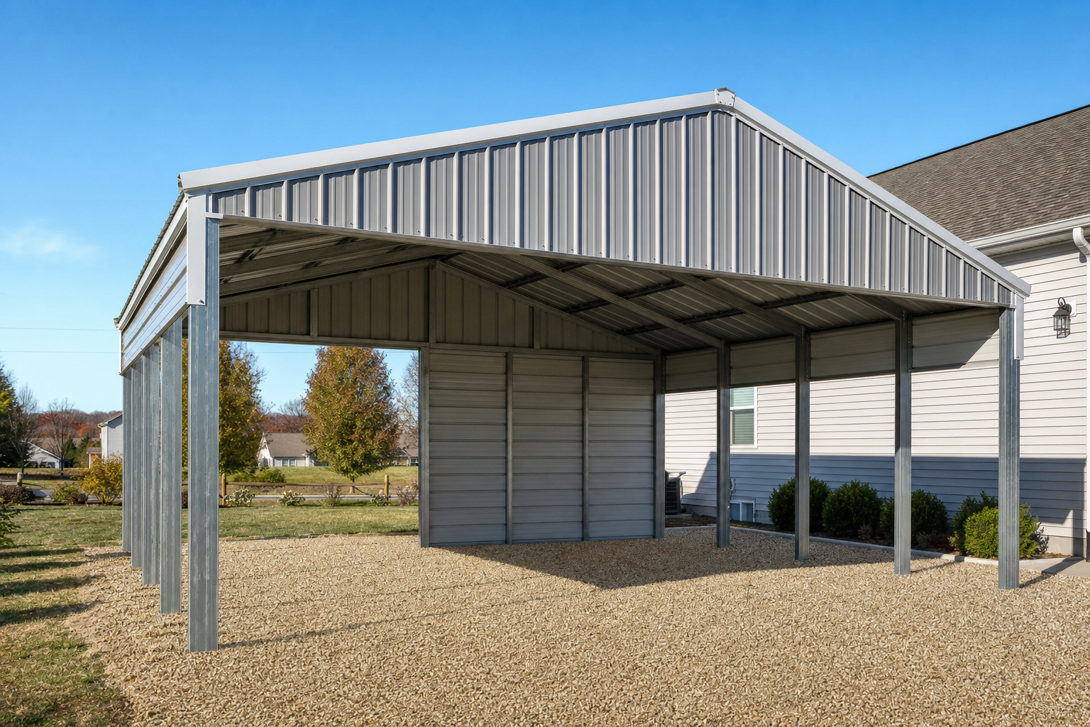 Metal carport structure attached to residential home exterior