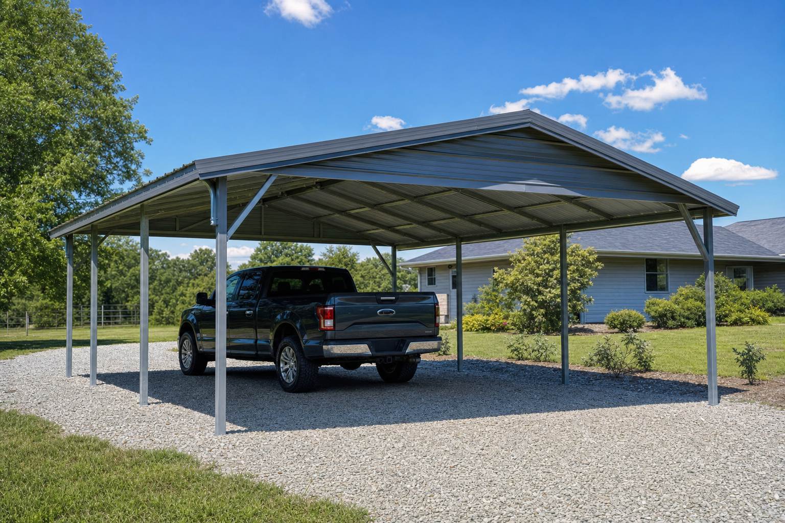 Dark pickup truck parked under large metal carport on gravel