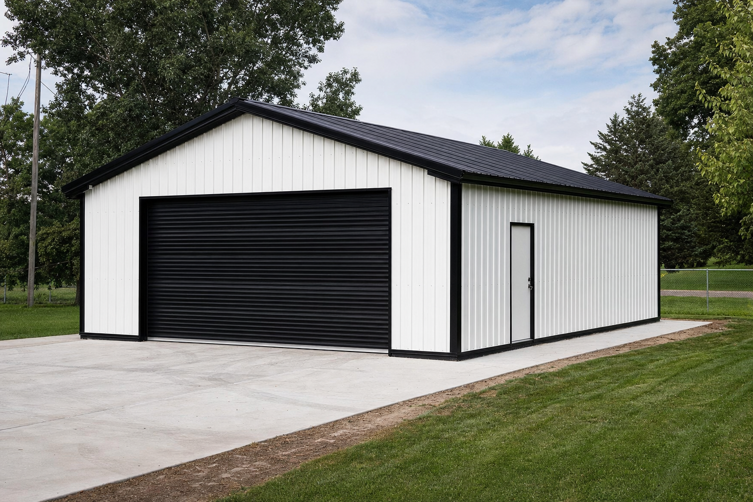 Modern white metal garage with black roof and roll-up door