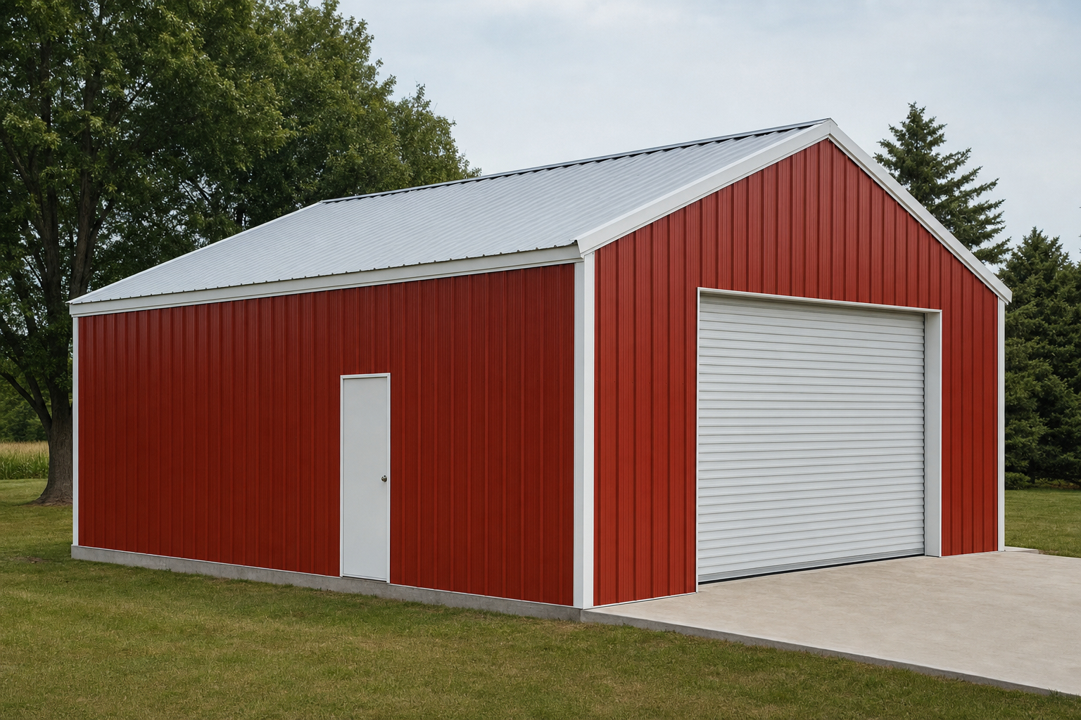 Red metal pole barn with white roof and garage door