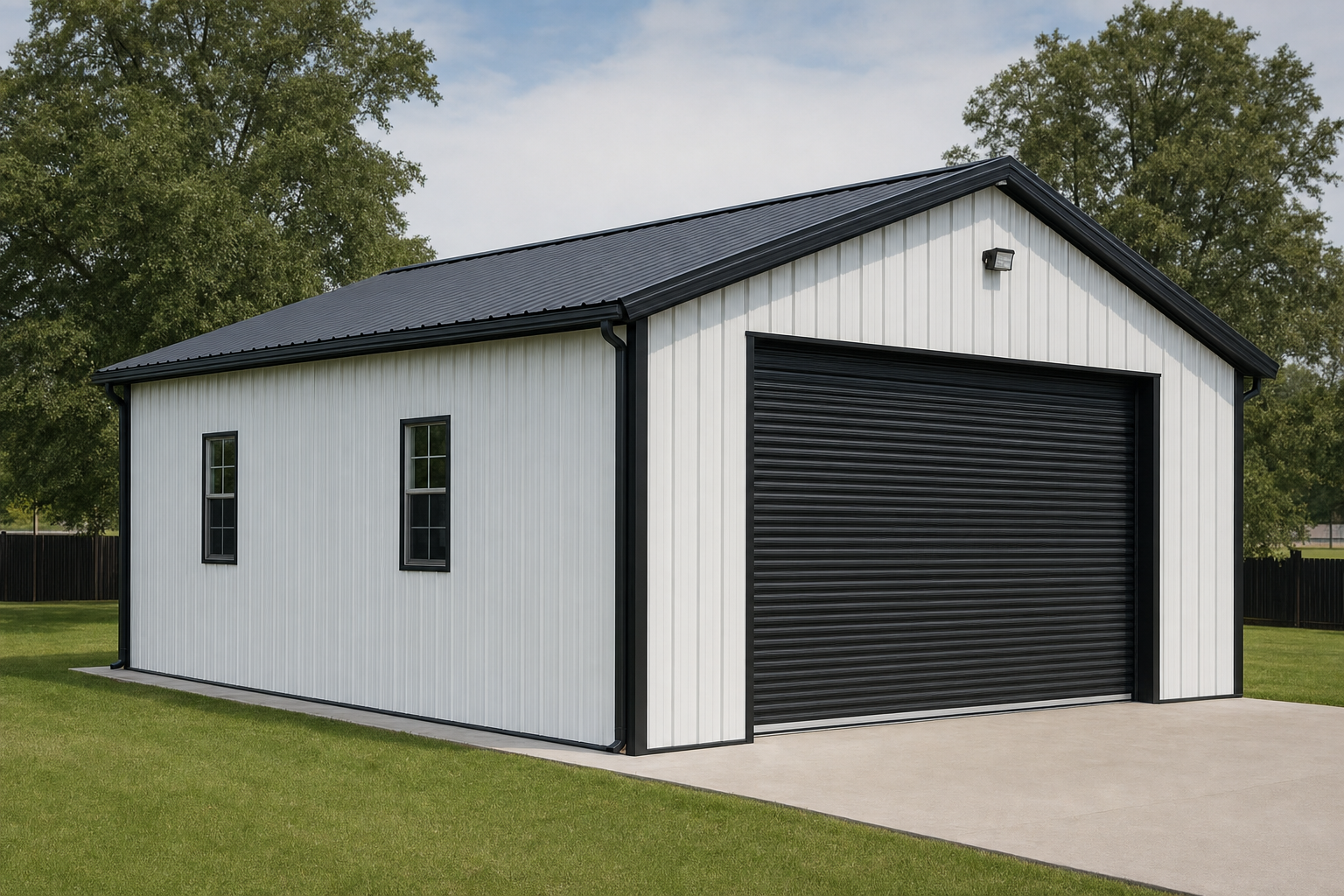 Modern white metal garage with black roof and roll-up door