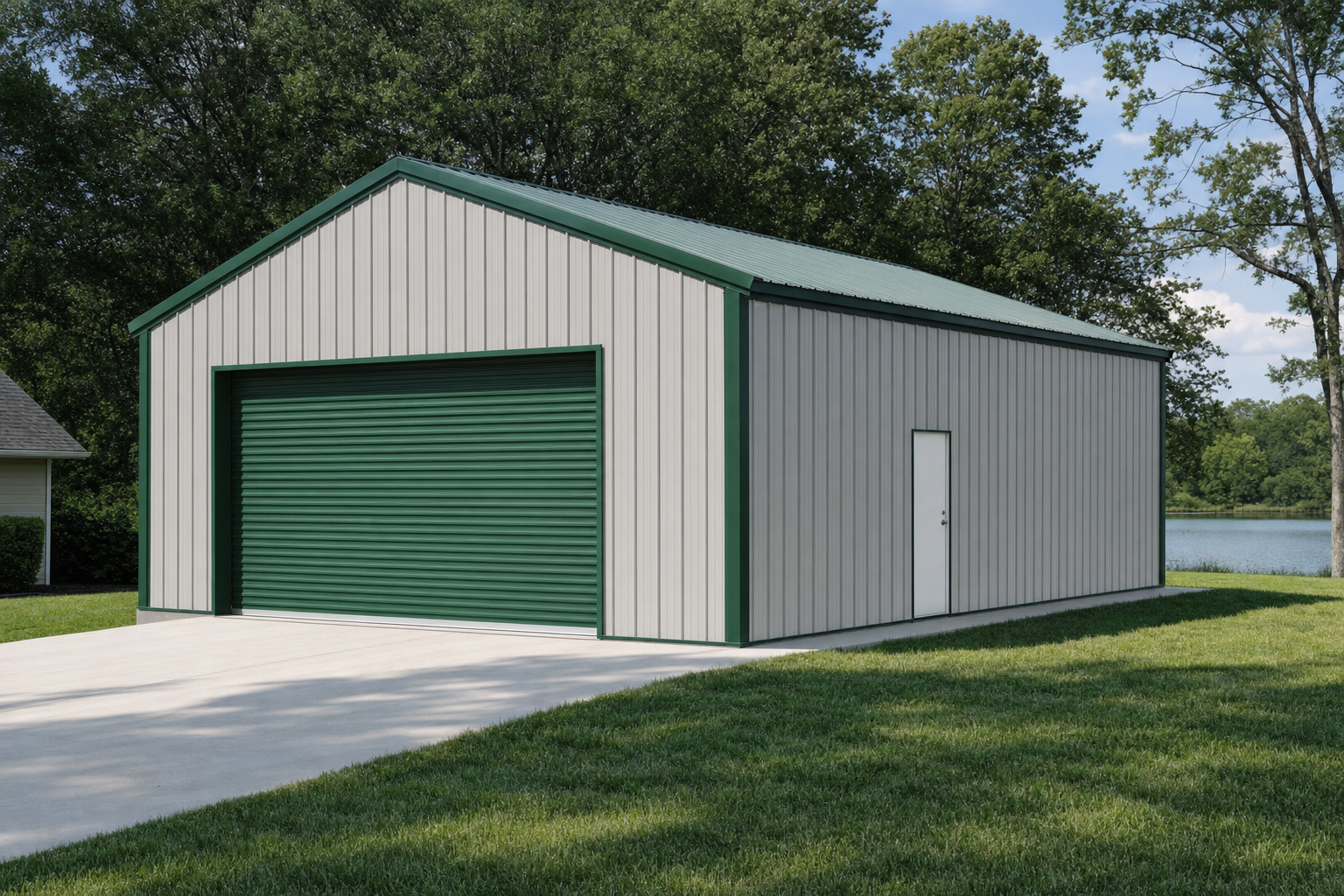 Gray metal garage building with green roof and roll-up door