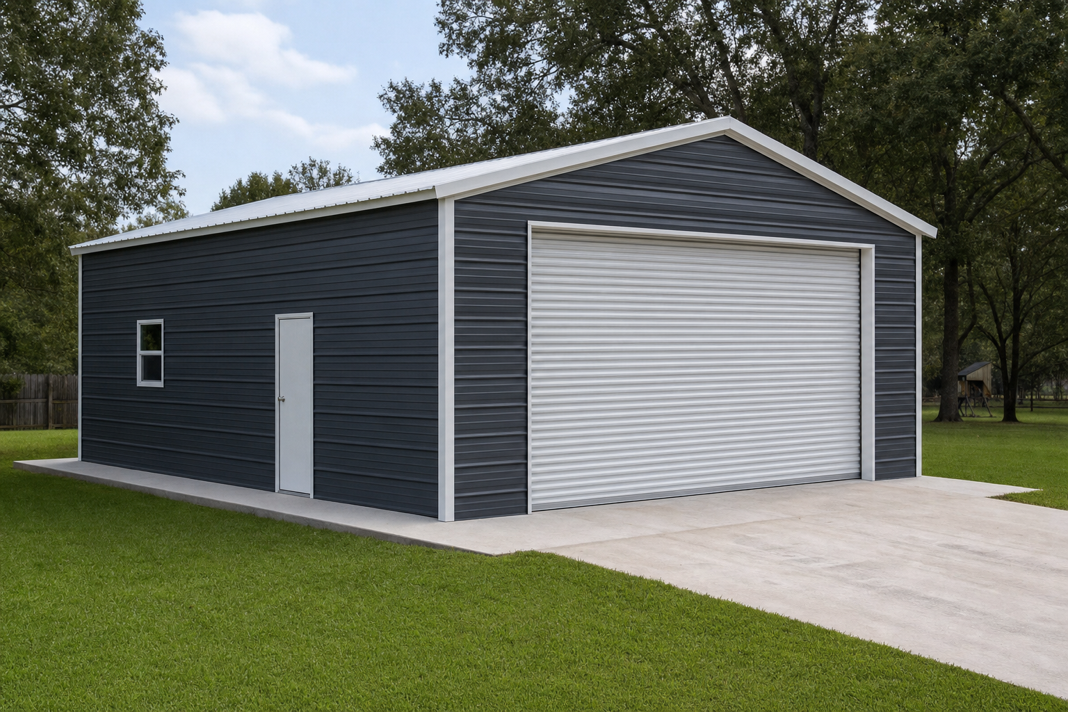 Dark gray metal garage building with white roll-up door