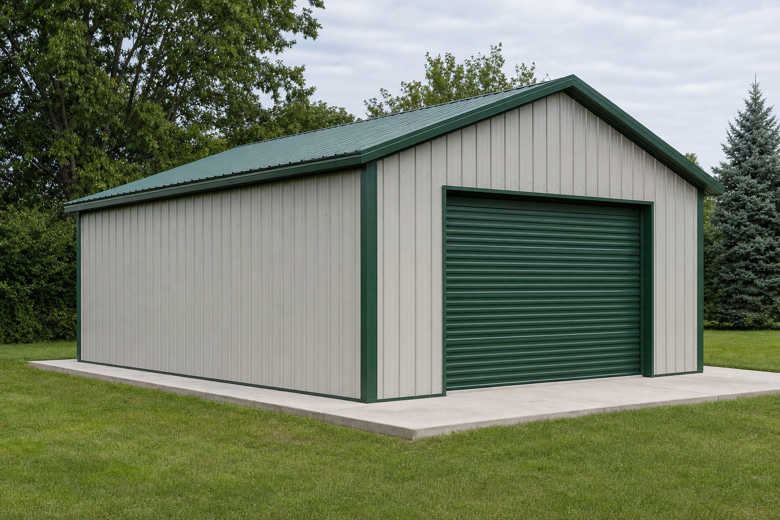 Metal garage building with green roof and roll-up door