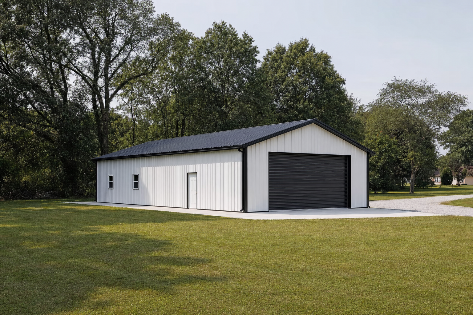 Modern white metal pole barn with black roof and garage door