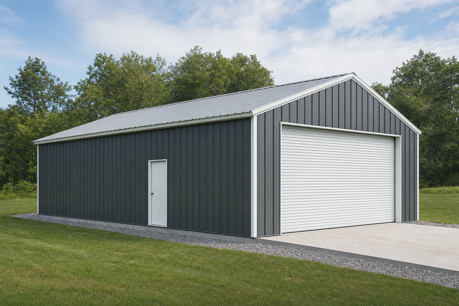 Large dark gray metal garage building with white roll-up door