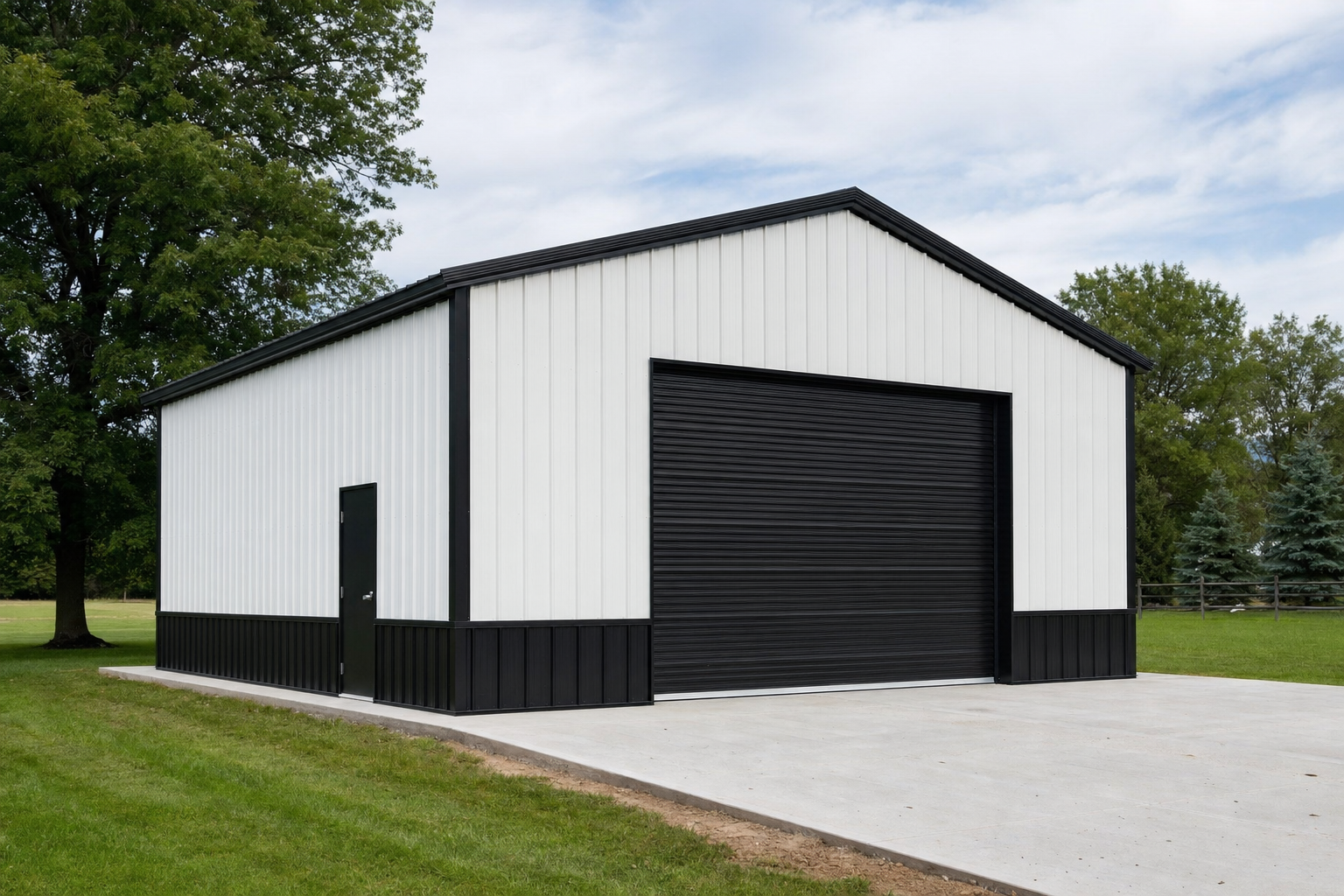 Modern black and white metal pole barn with large garage door