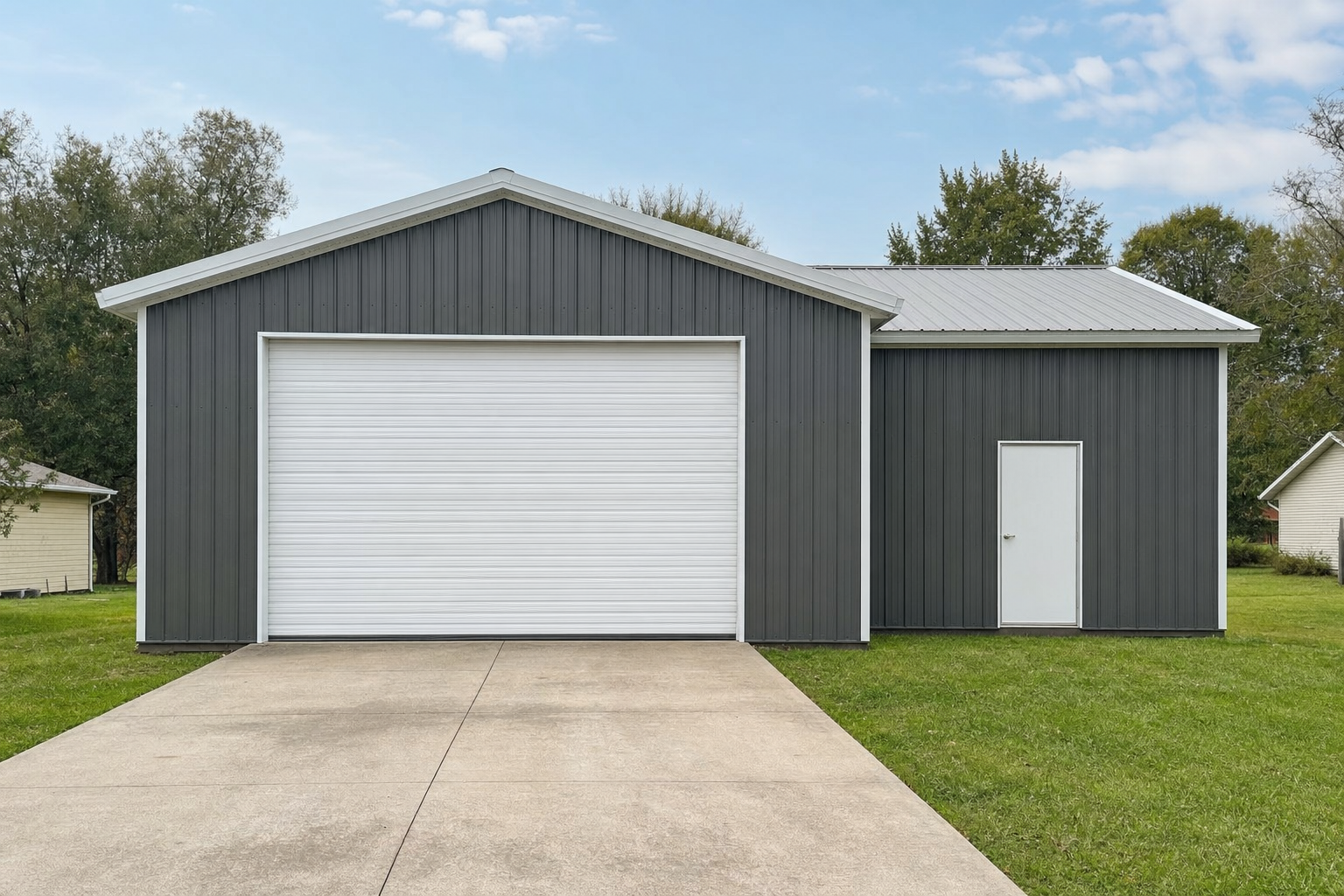 Modern dark gray metal garage with white roll-up door