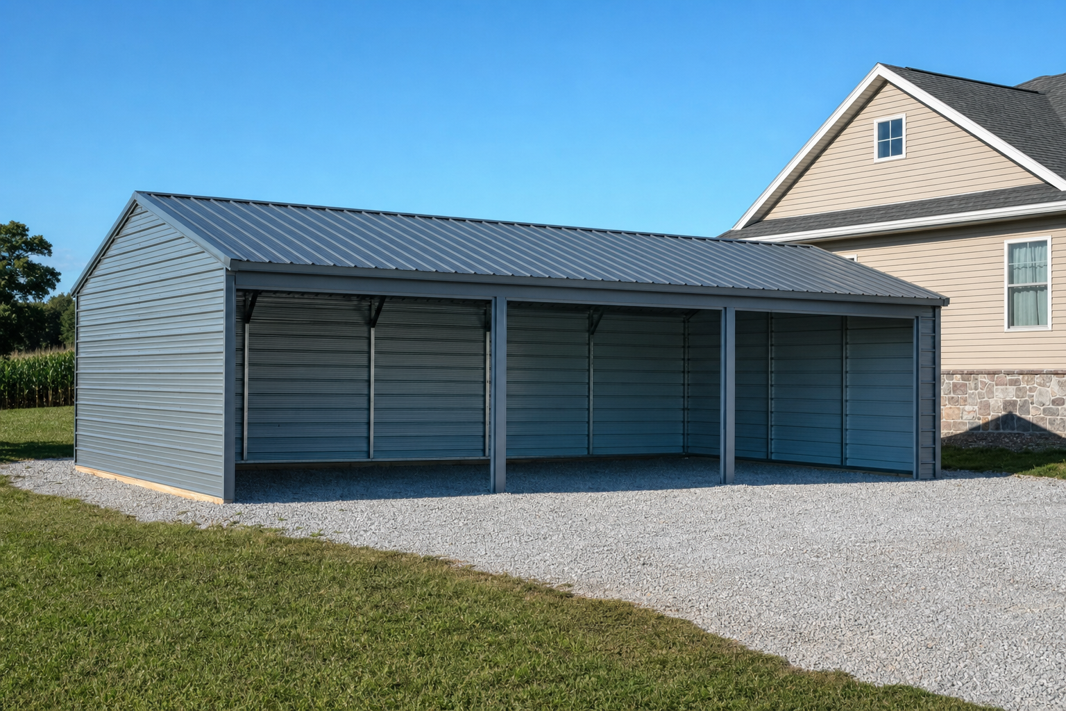 Triple-bay metal carport garage next to residential home
