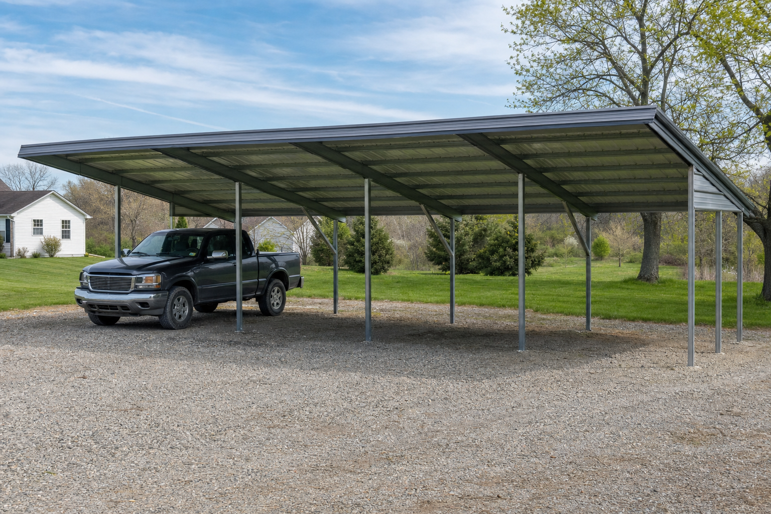 Black pickup truck parked under large metal carport on gravel