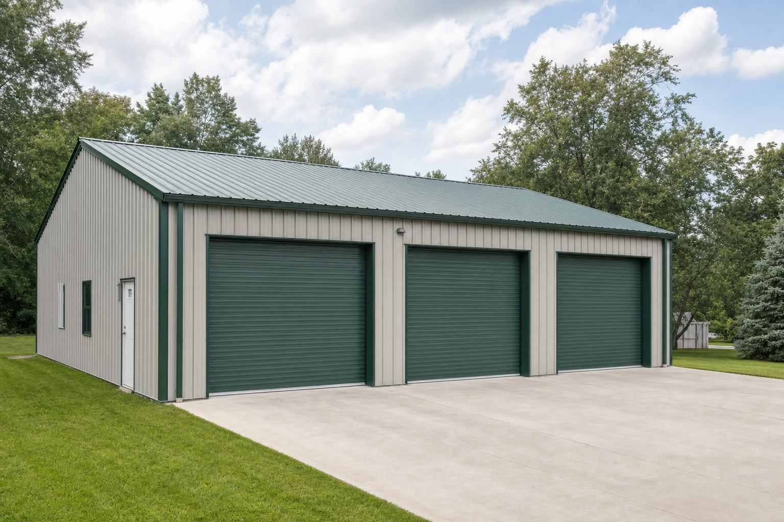 Large metal garage building with three green roll-up doors