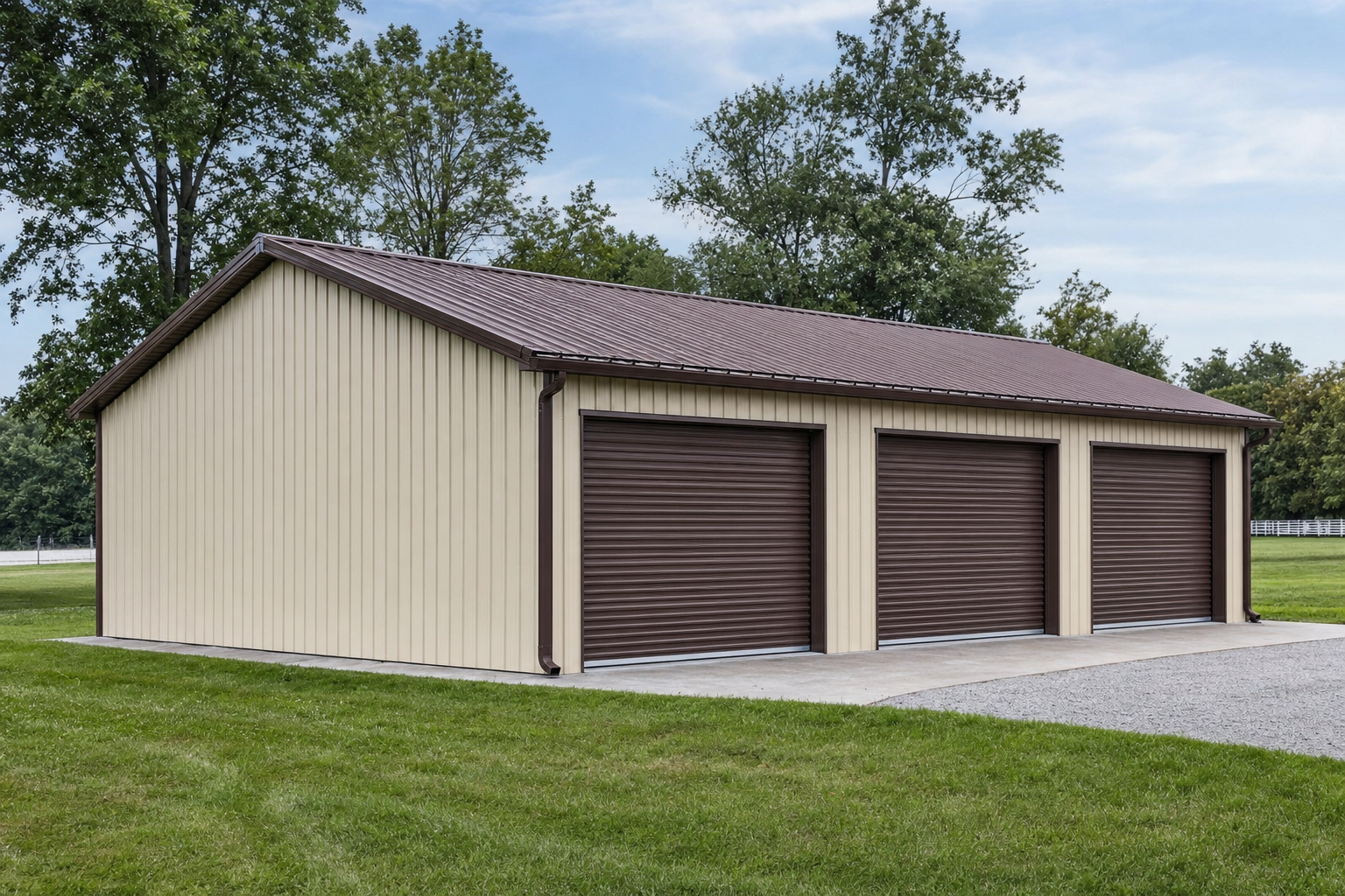 Large metal garage building with three brown roll-up doors