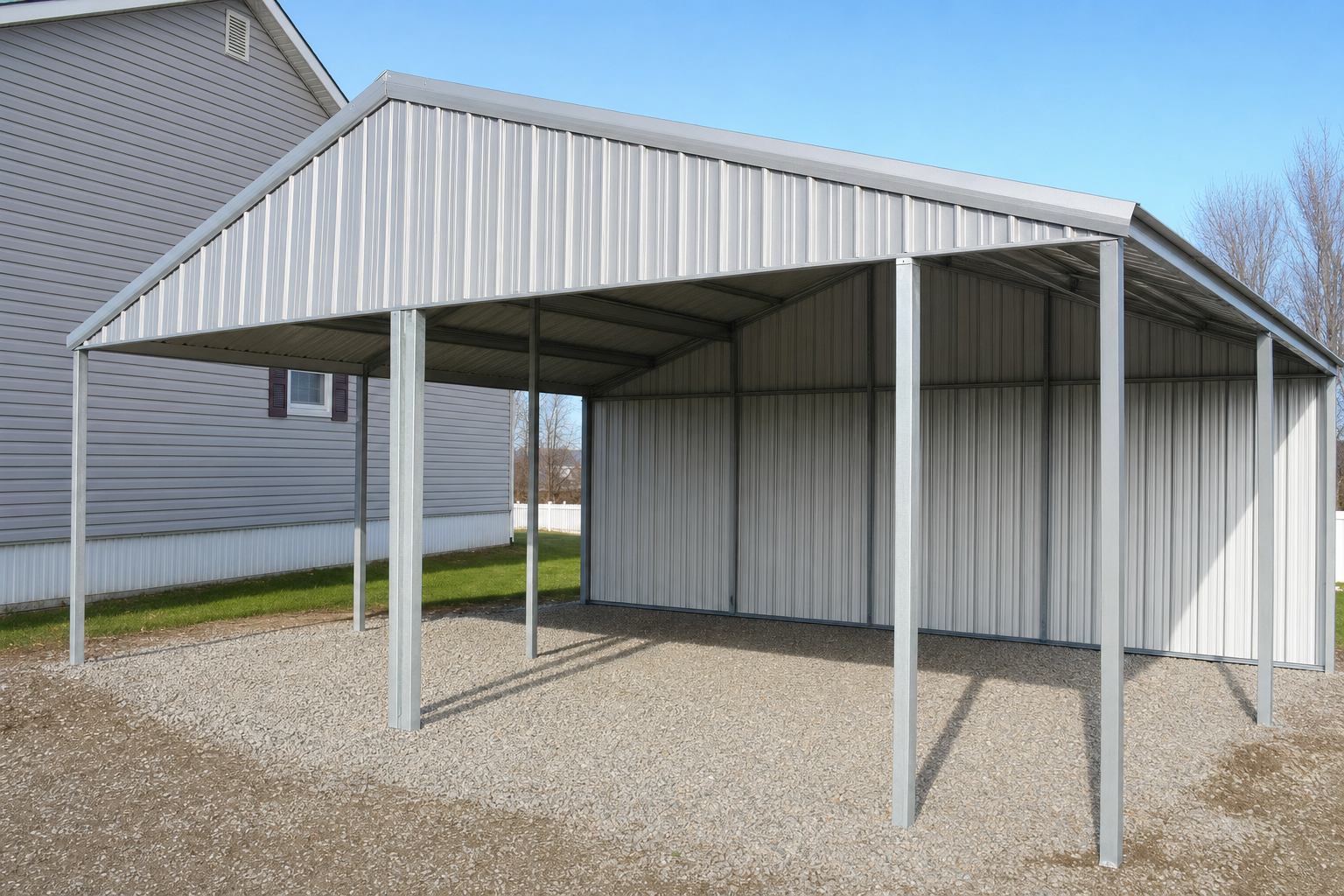 Open metal carport structure with gabled roof on gravel