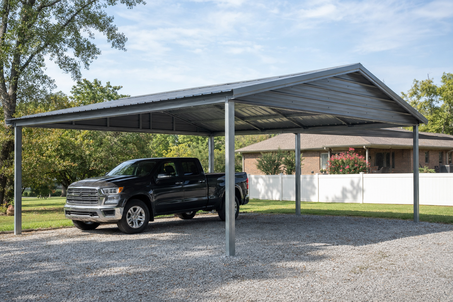 Black pickup truck parked under metal carport at home