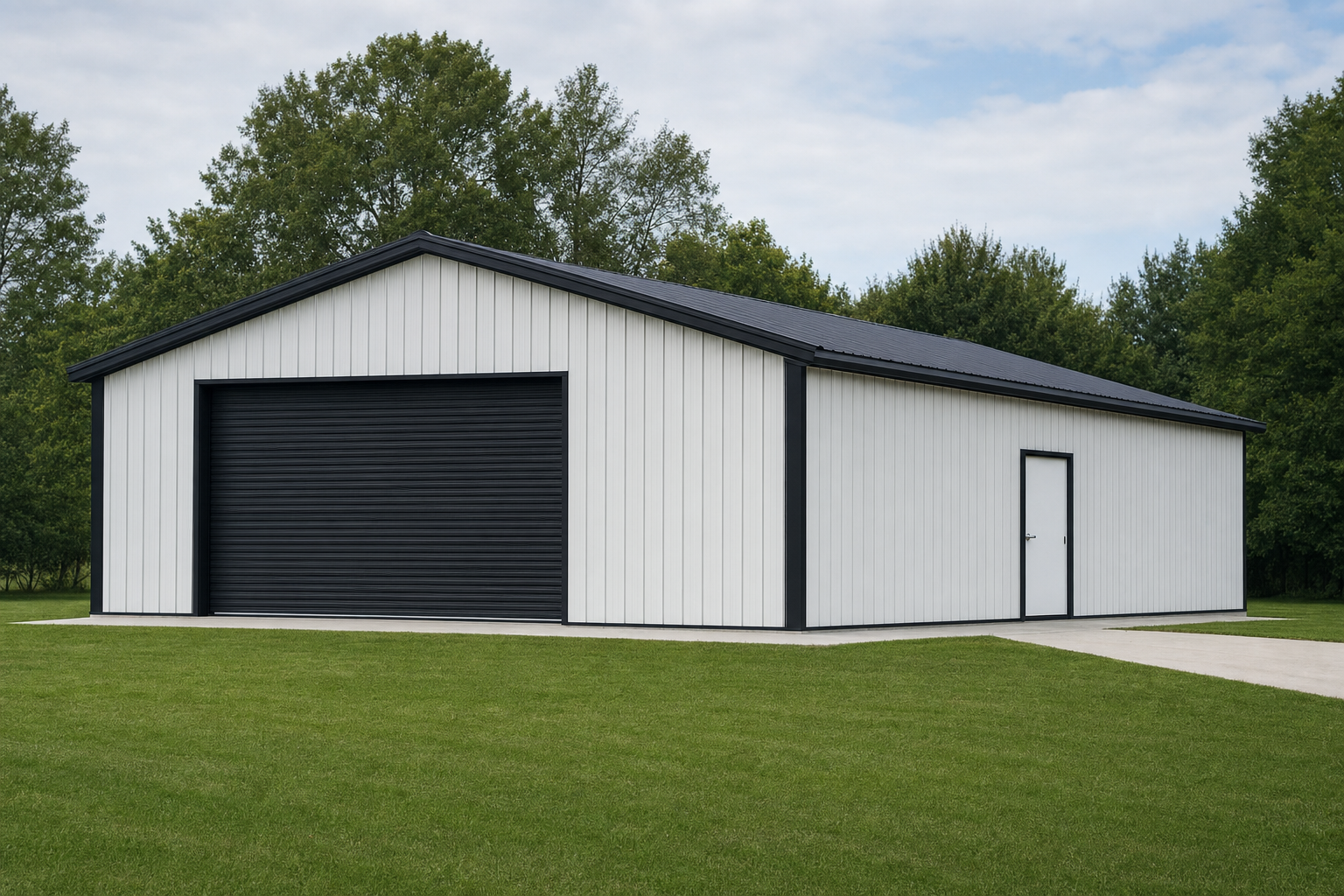 Large white metal pole barn with black roof and garage door