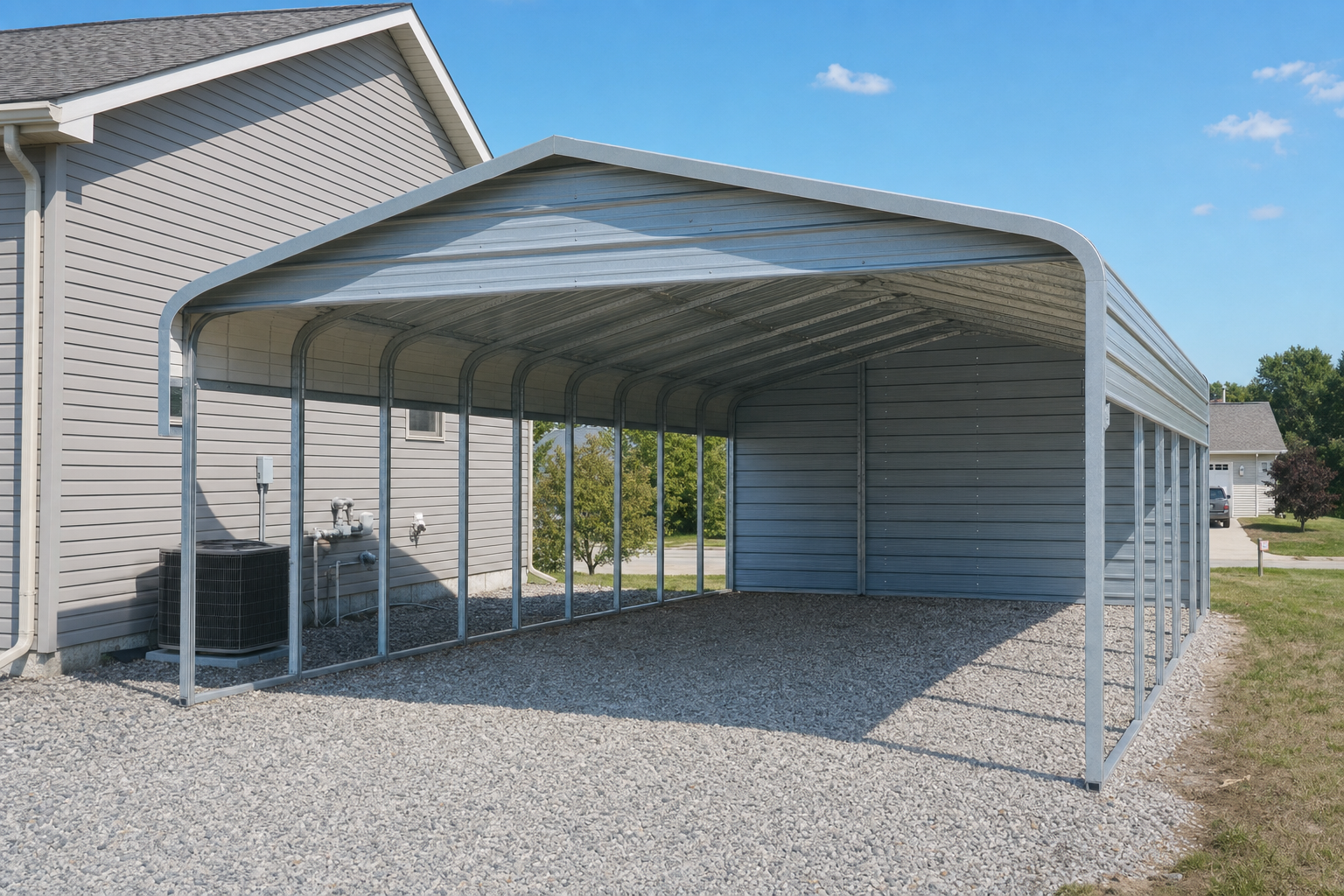 Large metal carport attached to residential home on gravel